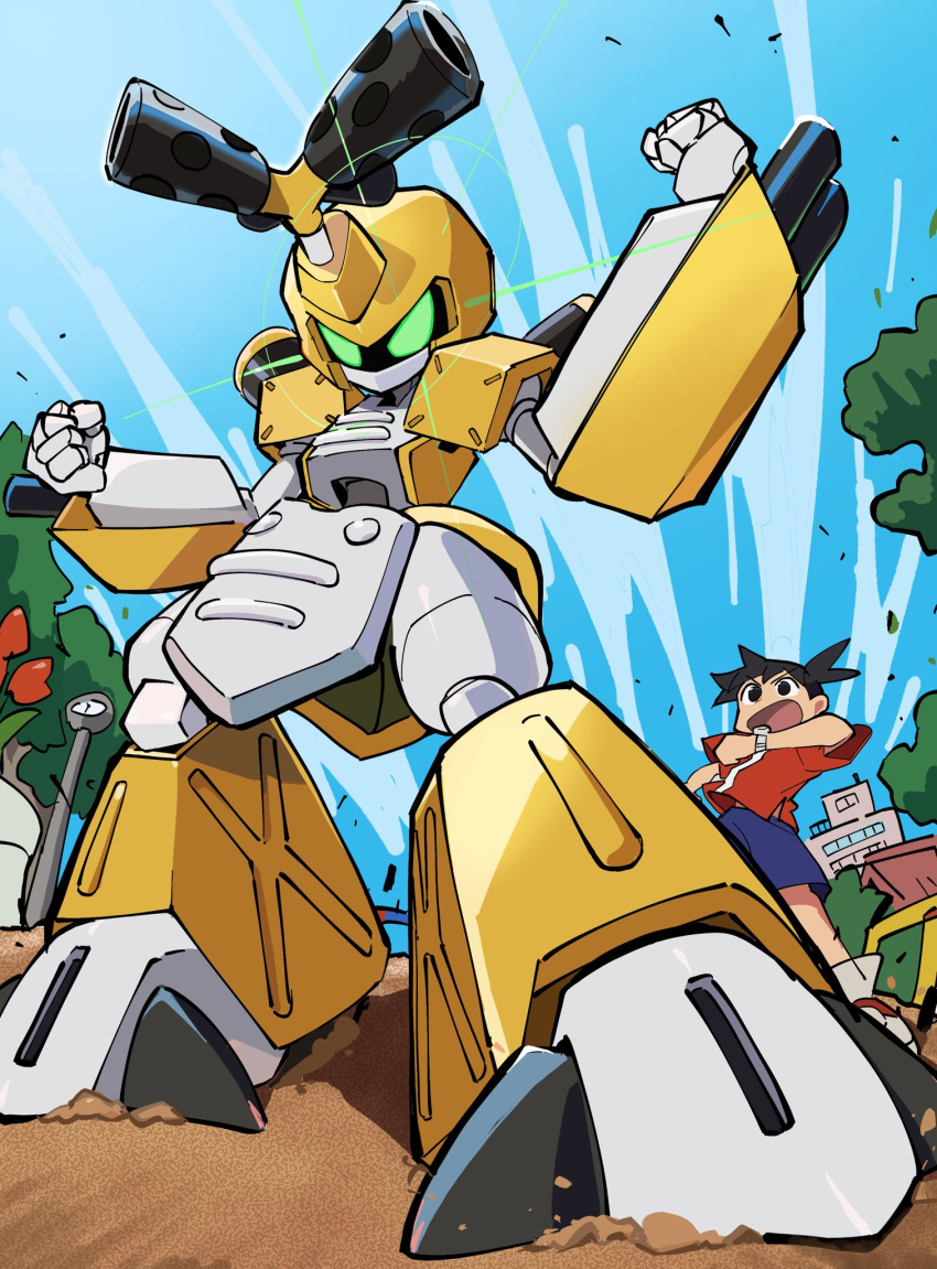 2boys, arm_cannon, armor, black_eyes, black_hair, blue_shorts, clenched_hands, glint