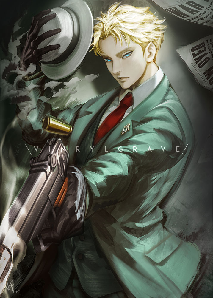 1boy, artist_name, black_gloves, blonde_hair, blue_eyes, buttons, fedora, finger_on_trigger