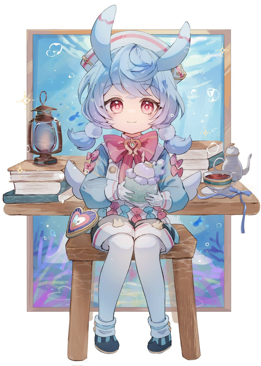 1girl, air_bubble, antennae, black_shorts, blue_footwear, blue_hair, blue_shirt, book