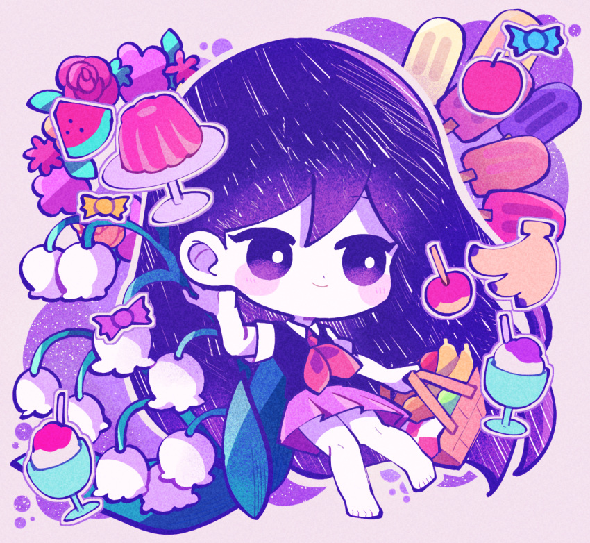 1girl, apple, aqua_bow, banana, basket, blush, bow, bright_pupils