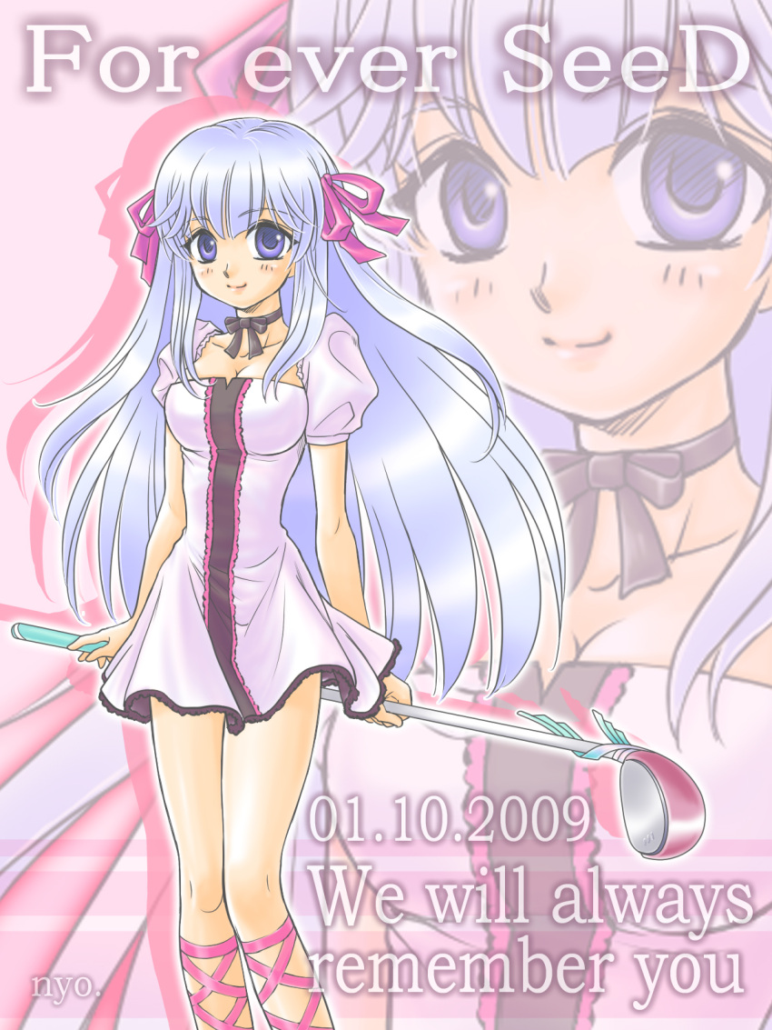 arin, blue_hair, bow, breasts, cleavage, cross-laced_footwear, dress, golf_club, hair_bow, highres, nyozomi, pangya, purple_eyes, ribbon, solo, violet_eyes, zoom_layer