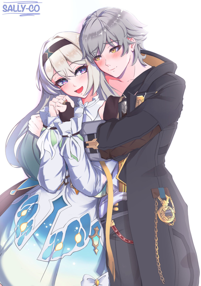 1boy, 1girl, black_jacket, blush, caelus_(honkai:_star_rail), couple, firefly_(honkai:_star_rail), gloves