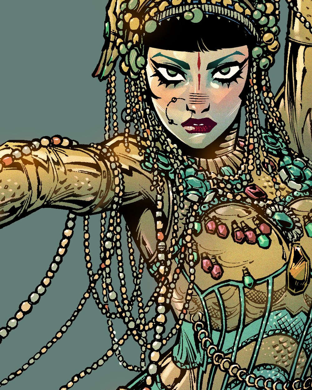1girl, black_hair, diegoolortegui, gold_skin, highres, jewelry, jibaro_(love_death_+_robots), looking_at_viewer