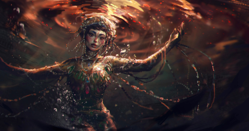 1girl, absurdres, black_hair, garlicda, gold_skin, highres, jewelry, jibaro_(love_death_+_robots)