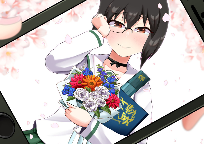 1girl, banareona, black_hair, blush, cherry_blossoms, corsage, diploma, girls_und_panzer