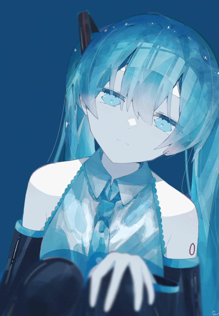 1girl, absurdres, aqua_eyes, aqua_hair, arm_tattoo, bare_shoulders, black_sleeves, black_thighhighs