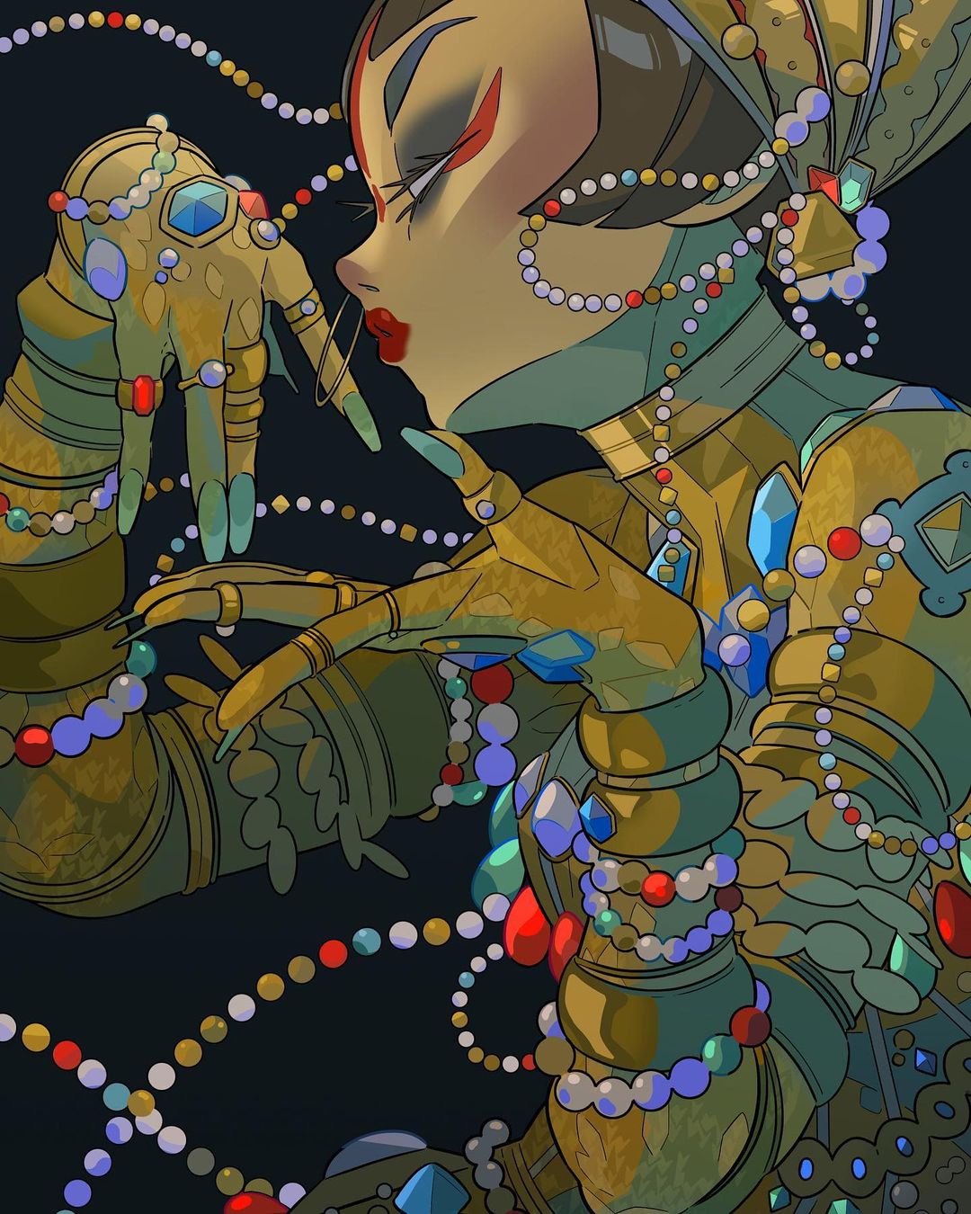 1girl, anjohink, black_hair, closed_eyes, gold_skin, highres, jewelry, jibaro_(love_death_+_robots)
