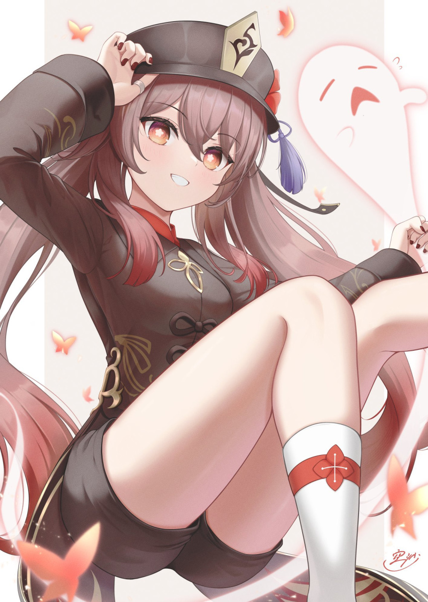 1girl, :d, arm_up, breasts, flower-shaped_pupils, genshin_impact, ghost, hat