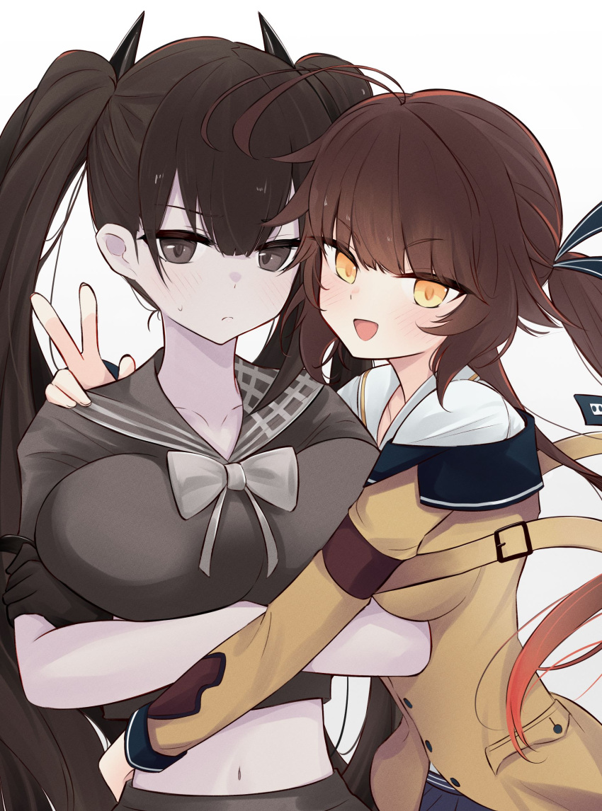 2girls, absurdres, black_eyes, black_hair, blush, breasts, brown_hair, closed_mouth