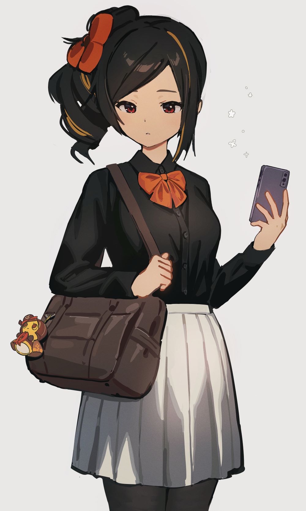 1girl, bag, bag_charm, black_pantyhose, black_shirt, blonde_hair, bow, bowtie