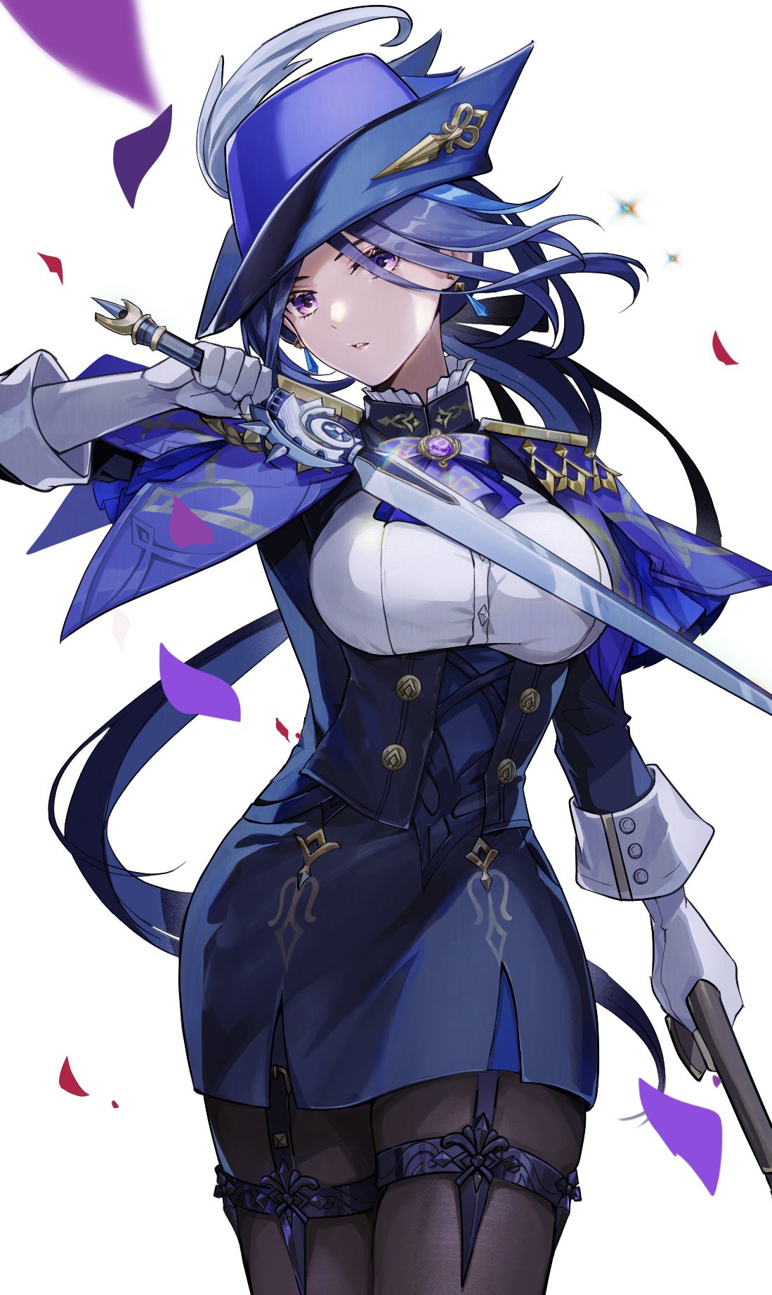 1girl, black_pantyhose, black_skirt, blue_capelet, blue_hair, capelet, clorinde_(genshin_impact), commentary_request, confetti, corset, cowboy_shot, earrings, garter_straps, genshin_impact, hat, hat_feather, head_tilt, highres, holding, holding_sword, holding_weapon, iron_sting_(genshin_impact), jewelry, looking_at_viewer, miniskirt, muri_(pan'ichi_murimuri_geinin), pantyhose, pencil_skirt, shirt, simple_background, skirt, solo, standing, sword, thigh_strap, tricorne, violet_eyes, weapon, white_background, white_shirt