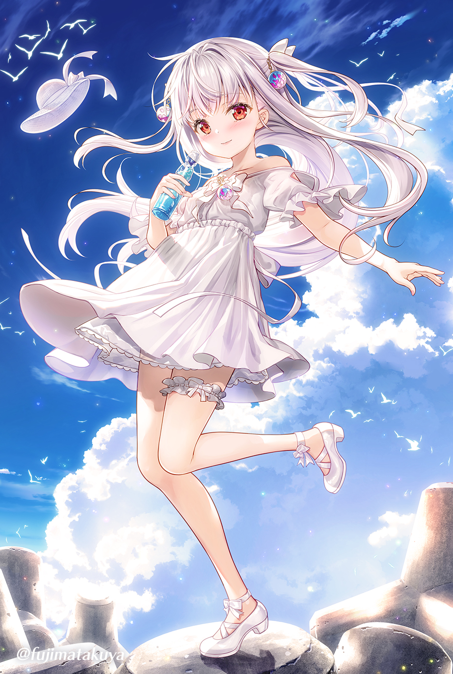 1girl, bare_legs, bare_shoulders, blue_sky, blush, bottle, closed_mouth, clouds, cloudy_sky, commentary_request, day, dress, fujima_takuya, full_body, grey_hair, hair_ornament, hat, hat_ribbon, high_heels, highres, holding, holding_bottle, isekai_ni_tobasaretara_papa_ni_nattandaga, long_hair, looking_at_viewer, off-shoulder_dress, off_shoulder, orurea_(isepapa), outdoors, red_eyes, ribbon, shoes, sky, smile, solo, standing, standing_on_one_leg, thighs, twitter_username, two_side_up, very_long_hair, water_bottle, white_dress, white_footwear, white_hair, white_hat