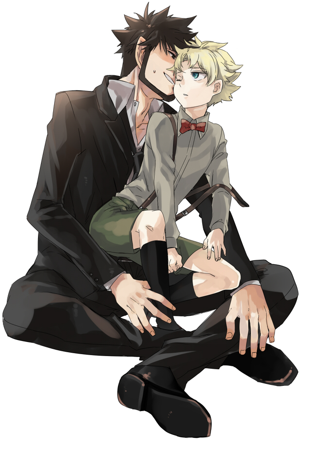 beard, black_eyes, black_hair, black_legwear, black_socks, blonde_hair, blue_eyes, bowtie