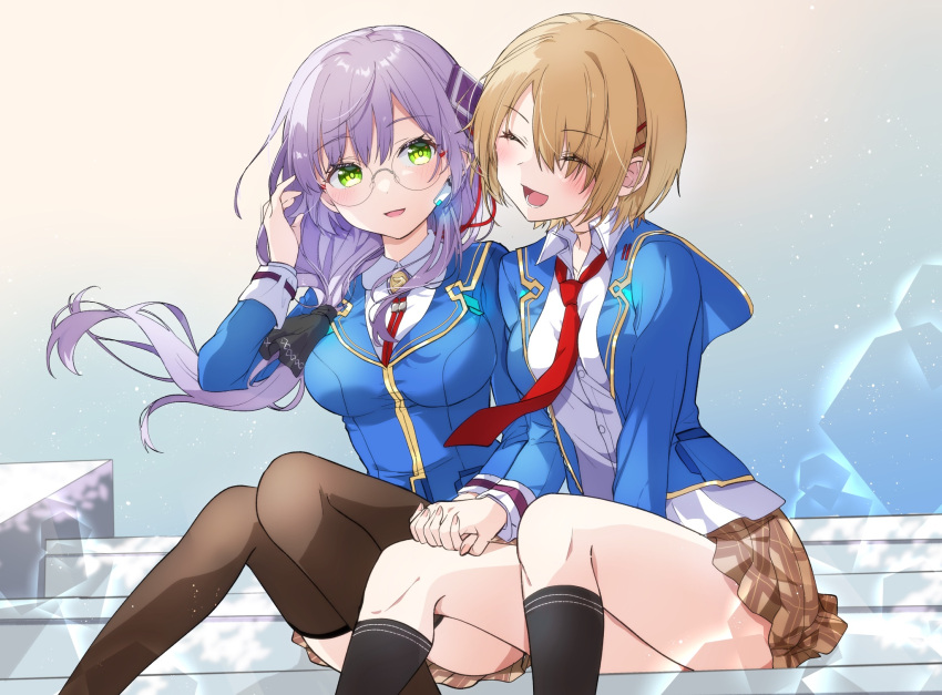 black_thighhighs, blonde_hair, blue_jacket, breasts, collared_shirt, glasses, green_eyes, grey_hair