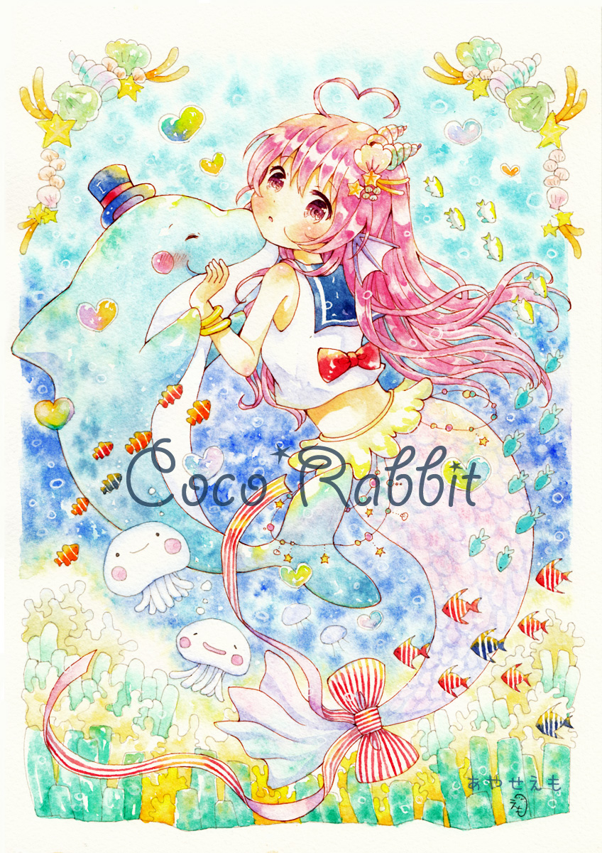 1girl, ahoge, coral, dolphin, emo_(mikan), fins, fish, head_fins