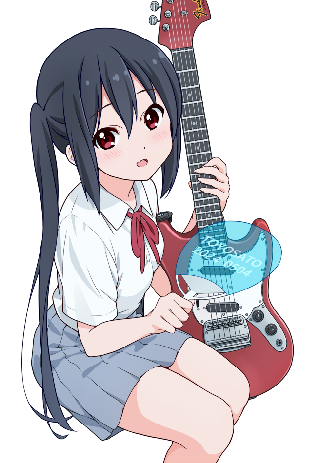 1girl, :d, black_hair, blush, collared_shirt, dresstrip, electric_guitar, fender_mustang