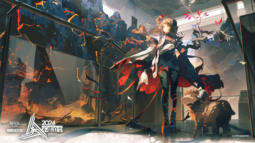1girl, ahoge, animal_ears, arknights, black_skirt, black_thighhighs, brown_hair, brown_pantyhose