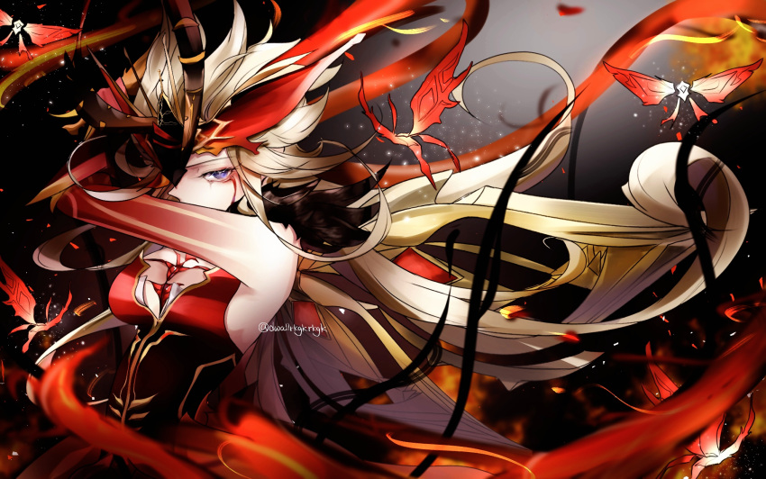 1girl, bare_shoulders, blonde_hair, blue_eyes, butterfly_mask, butterfly_wings, crimson_lotus_moth_(genshin_impact), doru