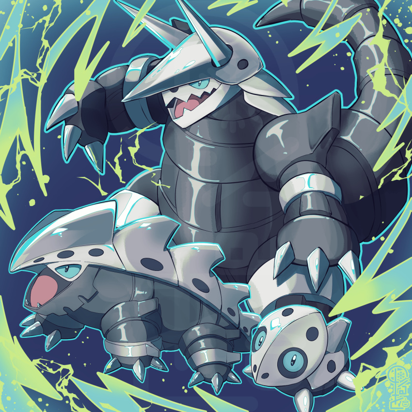 aggron, aron, blue_background, claws, commentary_request, energy, evolutionary_line, fangs
