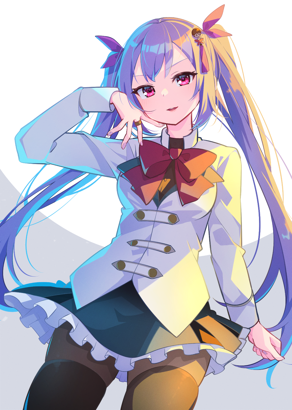 1girl, assault_lily, backlighting, black_shirt, black_thighhighs, blue_skirt, bow, breasts
