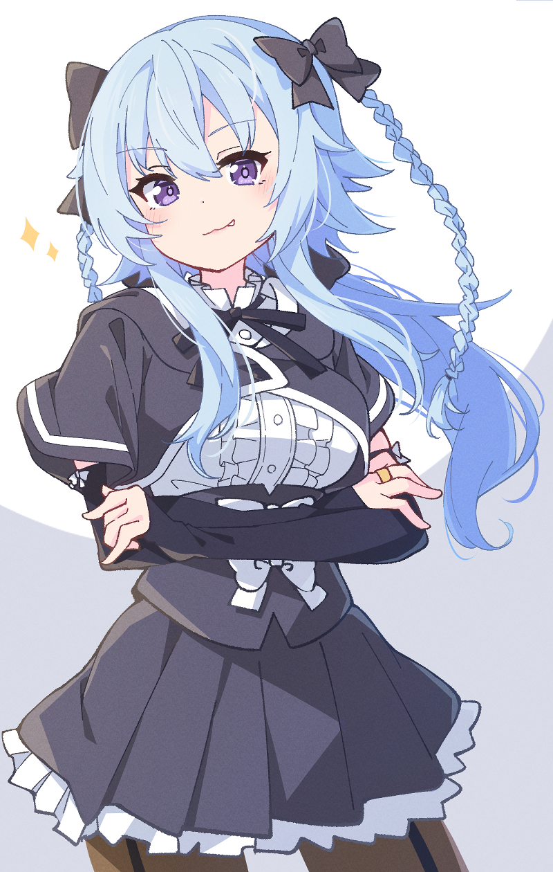 1girl, assault_lily, black_bow, black_ribbon, black_skirt, blue_hair, blush, bow, braid, breasts, brown_pantyhose, buttons, center_frills, closed_mouth, commentary_request, cowboy_shot, cropped_jacket, crossed_arms, detached_sleeves, fang, fang_out, frilled_shirt, frilled_shirt_collar, frilled_skirt, frills, garter_straps, grey_background, hair_between_eyes, hair_bow, hands_up, highres, hood, hood_down, jewelry, long_hair, long_sleeves, looking_at_viewer, medium_breasts, miniskirt, mori_tatsuki, morugen, neck_ribbon, pantyhose, ribbon, ring, school_uniform, shirt, sidelocks, skirt, sleeve_bow, sleeves_past_wrists, smile, solo, sparkle, standing, twin_braids, two-tone_background, underbust, violet_eyes, white_background, white_bow, yurigaoka_girls_academy_school_uniform