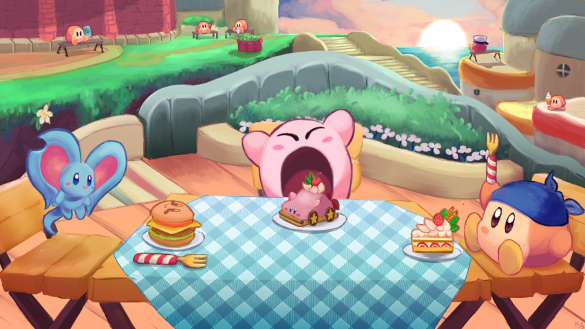 animal_ears, bandana, bandana_waddle_dee, bench, blue_bandana, blush_stickers, burger, bush