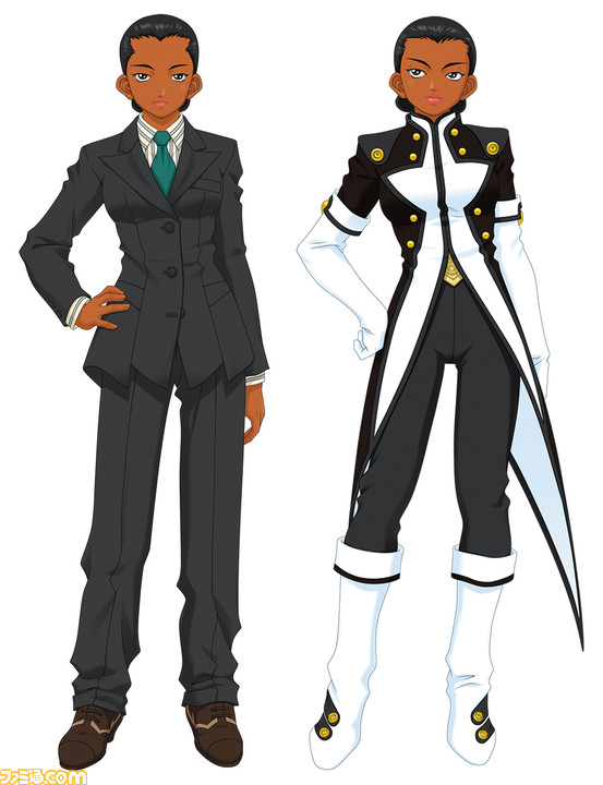 2girls, black_collar, black_eyebrows, black_eyes, black_hair, black_pants, black_pocket, black_sleeves, black_suit, boots, breast_pocket, brown_footwear, brown_sleeves, brown_uniform, button_gap, buttons, closed_mouth, coattails, collar, collared_shirt, cross-laced_footwear, double-breasted, dual_persona, elbow_gloves, famitsu, formal, gloves, gold_buttons, green_necktie, hair_bun, hair_pulled_back, hand_on_own_hip, horizontal-striped_sleeves, looking_at_viewer, looking_up, mature_female, military_uniform, multiple_girls, necktie, official_art, pant_suit, pants, pocket, sagitta_weinberg, sakura_taisen, sakura_taisen_v, second-party_source, sega, shirt, simple_background, standing, striped_clothes, striped_collar, striped_pants, striped_shirt, suit, tall_female, uniform, vertical-striped_clothes, vertical-striped_pants, vertical-striped_shirt, watermark, white_background, white_footwear