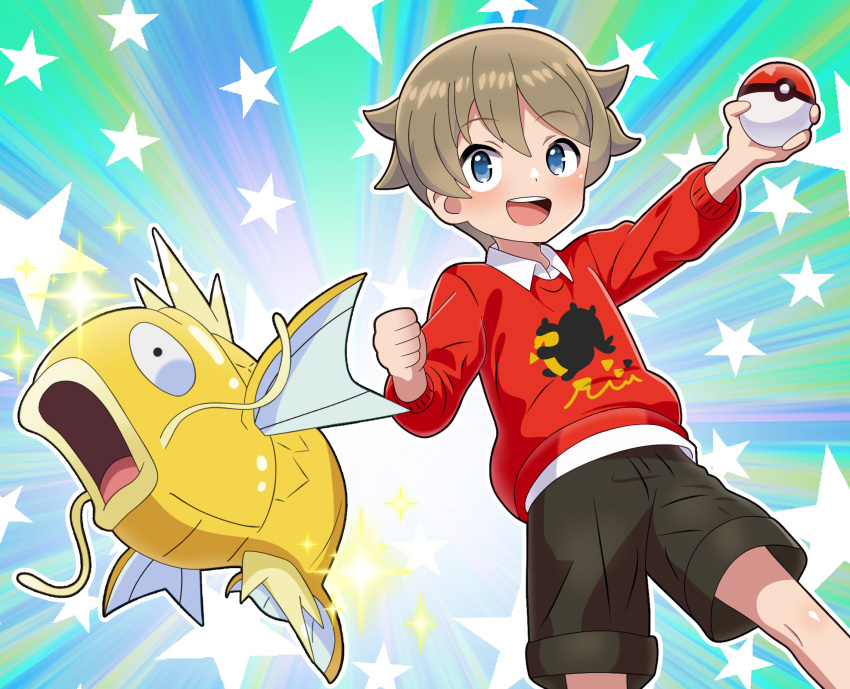 1boy, alternate_color, blue_eyes, clenched_hand, collared_shirt, commentary_request, happy, highres
