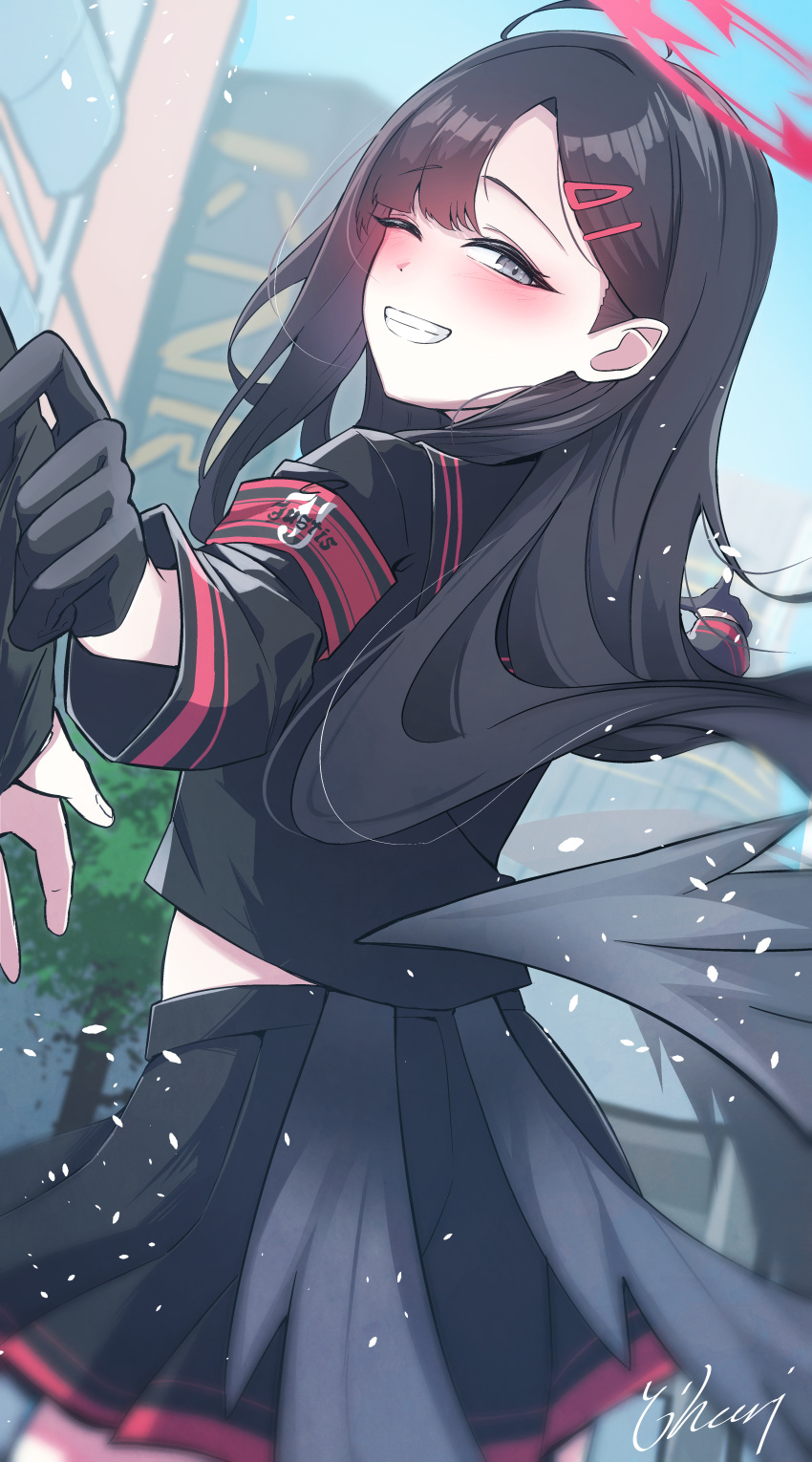 1girl, absurdres, ahoge, armband, black_gloves, black_hair, black_serafuku, black_shirt