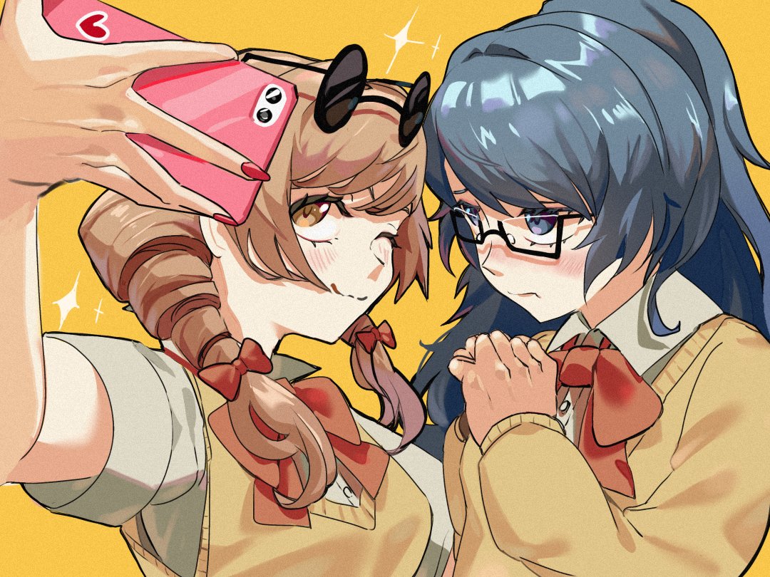 2girls, alternate_costume, black-framed_eyewear, blue_eyes, blue_hair, bow, bowtie, brown_eyes