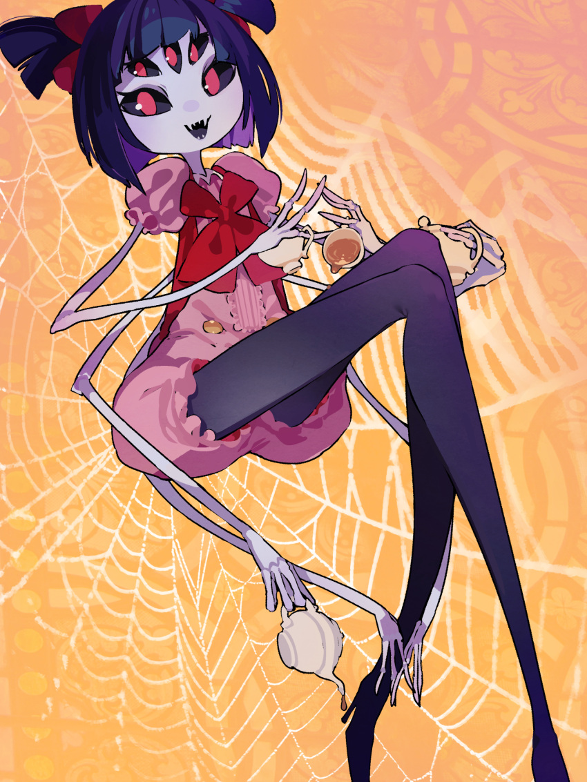 1girl, :d, arthropod_girl, black_pantyhose, black_sclera, blue_hair, bow, colored_inner_hair, colored_sclera, cup, extra_arms, extra_eyes, fangs, hair_bow, high_heels, highres, holding, holding_cup, holding_teapot, idkuroi, looking_at_viewer, monster_girl, muffet, multicolored_hair, orange_background, pantyhose, puffy_short_sleeves, puffy_sleeves, purple_hair, red_bow, red_eyes, sharp_teeth, short_sleeves, silk, smile, solo, spider_girl, spider_web, tea, teacup, teapot, teeth, two_side_up, undertale