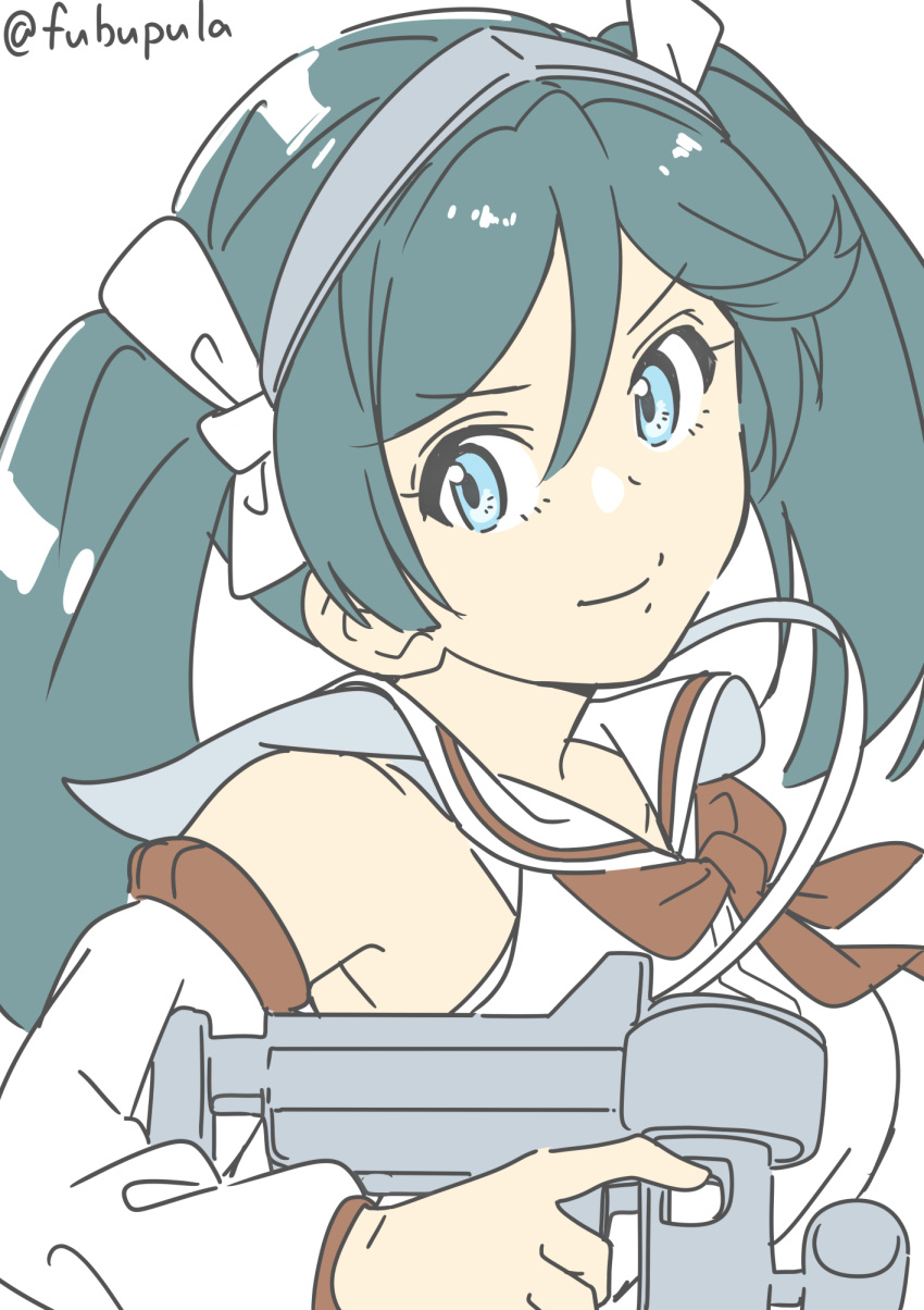 1girl, brown_neckerchief, detached_sleeves, fubupula, green_eyes, green_hair, grey_hairband, gun