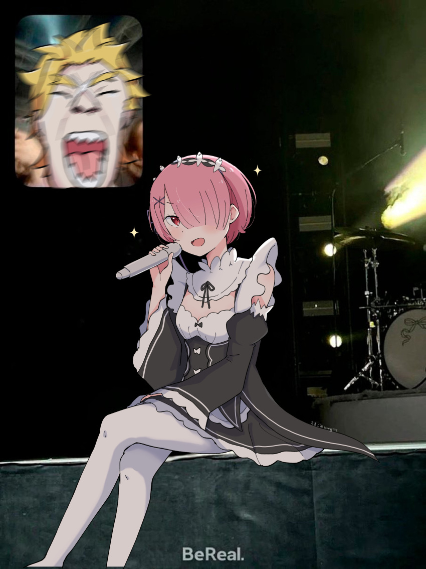 1boy, 1girl, absurdres, bereal, blonde_hair, closed_eyes, commentary_request, concert