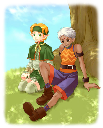bare_shoulders, blonde_hair, boots, bracelet, brown_eyes, dark_skin, elf, facial_mark