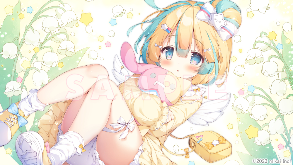 1girl, amakawa_hano, aqua_hair, blonde_hair, blue_eyes, chestnut_mouth, full_body, hair_ornament