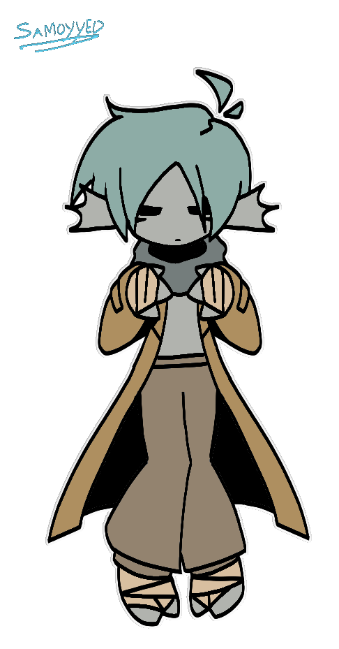 1boy, animated, animated_gif, bandaged_hand, bandages, blue_hair, brown_coat, brown_jacket, brown_pants, closed_eyes, coat, fish_boy, flipaclip_(medium), floating, hands_on_own_chest, jacket, law_of_talos, looping_animation, male_focus, mizuno_(law_of_talos), non-web_source, pants, samoyyed, scarf, self-upload, short_hair