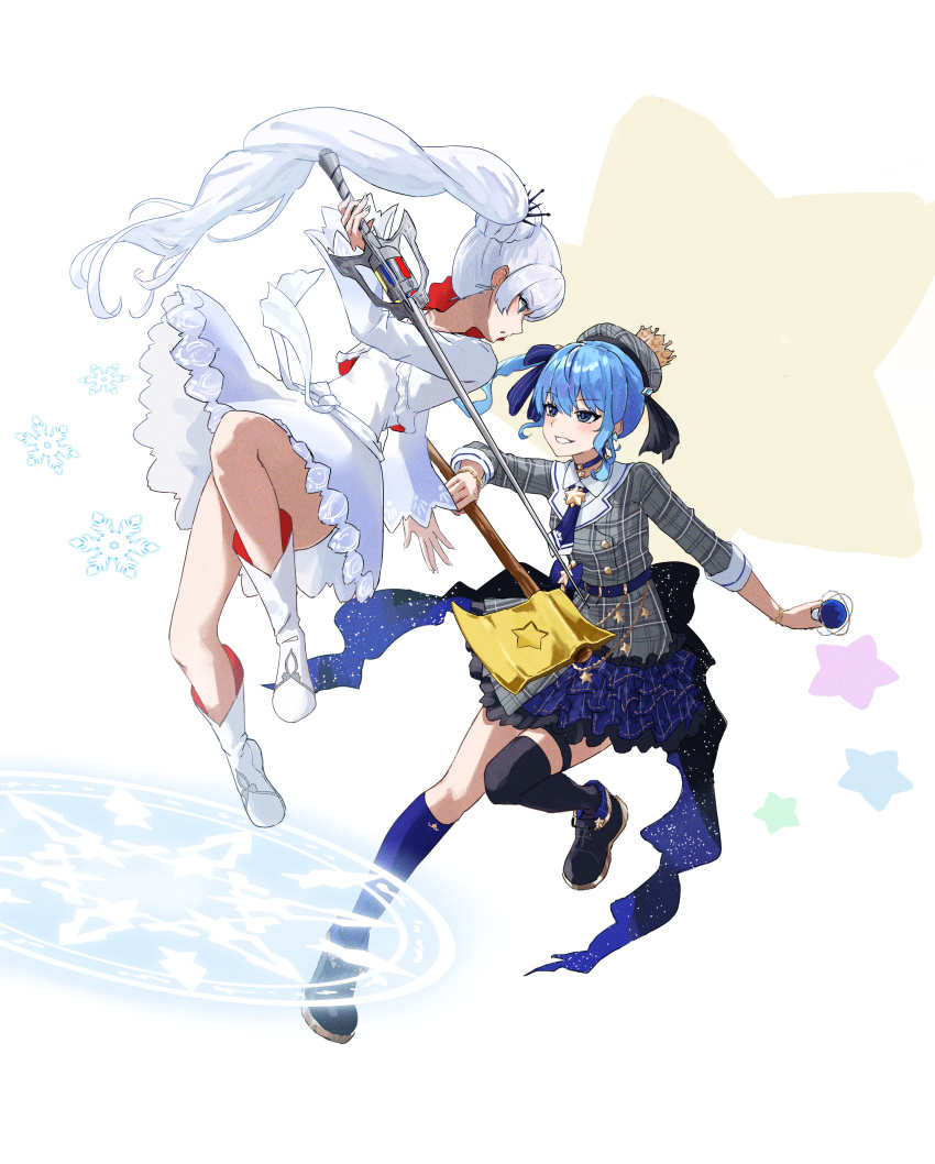 2girls, :d, absurdres, belt, beret, black_thighhighs, blue_belt, blue_eyes, blue_hair, blue_necktie, blue_ribbon, blue_skirt, blue_socks, blush, boots, bracelet, clip_studio_paint_(medium), commentary, commission, commissioner_upload, crossover, crown, dangle_earrings, dress, earrings, english_commentary, eye_contact, floating, floating_hair, frilled_skirt, frills, full_body, grey_beret, grey_shirt, grey_skirt, grin, hair_ribbon, hat, highres, holding, holding_sword, holding_weapon, hololive, hoshimachi_suisei, hoshimachi_suisei_(1st_costume), jewelry, kneehighs, long_hair, long_sleeves, looking_at_another, making-of_available, mini_crown, multiple_girls, myrtenaster, necktie, open_mouth, plaid, plaid_headwear, plaid_shirt, plaid_skirt, pleated_skirt, ponytail, profile, rapier, ribbon, rwby, ryoha_kosako, shirt, shoes, short_necktie, side_ponytail, sidelocks, simple_background, single_kneehigh, single_sock, single_thighhigh, skeb_commission, skirt, smile, socks, star_(symbol), star_earrings, star_in_eye, sword, symbol_in_eye, teeth, thigh-highs, very_long_hair, virtual_youtuber, weapon, weiss_schnee, white_background, white_dress, white_hair