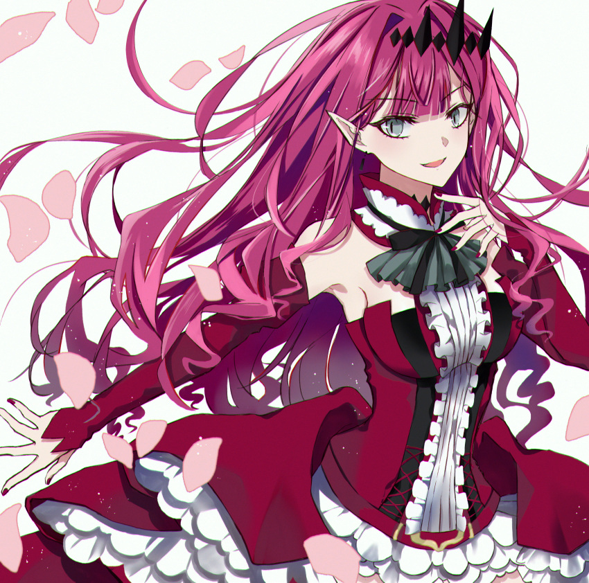 1girl, absurdres, baobhan_sith_(fate), baobhan_sith_(first_ascension)_(fate), bare_shoulders, breasts, detached_sleeves, dress, earrings, empty_(empty029), falling_petals, fate/grand_order, fate_(series), frilled_dress, frills, grey_eyes, hair_ornament, hand_up, highres, jewelry, lomocya, long_sleeves, looking_at_viewer, nail_polish, parted_lips, petals, pink_hair, pointy_ears, red_dress, red_nails, sidelocks, smile, solo, white_background