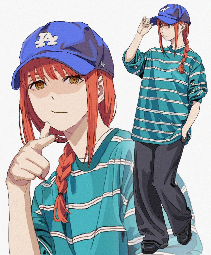 1girl, absurdres, alternate_costume, baseball_cap, black_footwear, black_pants, blue_hat, braid