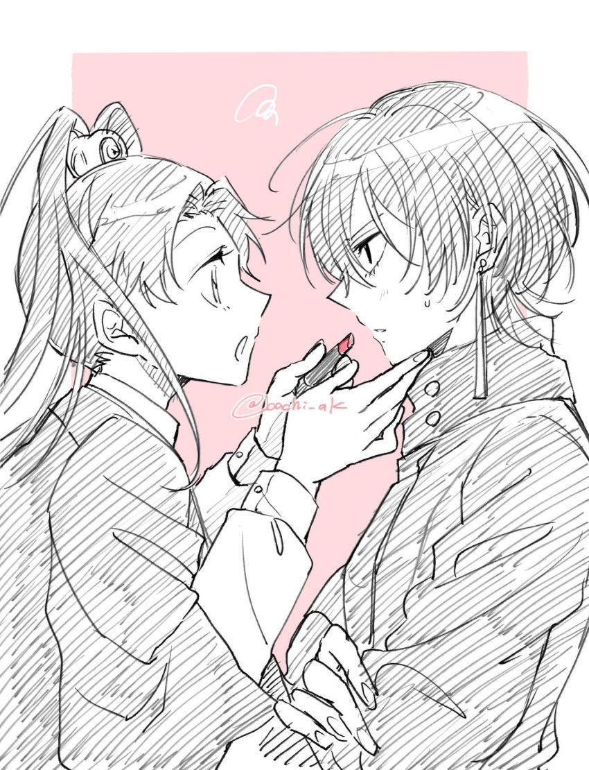 2girls, akanashi_(bachi_ak), applying_makeup, crossed_arms, earrings, eye_contact, eyelashes, greyscale_with_colored_background, harima_shiyumi, high_ponytail, highres, japanese_clothes, jewelry, kagurabachi, kakari_hiyuki, lipstick, long_sleeves, looking_at_another, makeup, multiple_girls, open_mouth, pink_background, short_hair, simple_background, squiggle, sweatdrop, twitter_username, upper_body