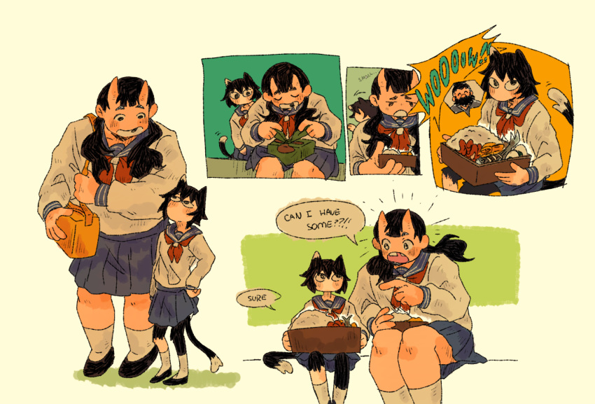 2girls, alternate_universe, bento, black_hair, cat_girl, closed_eyes, collage, cutystuffy