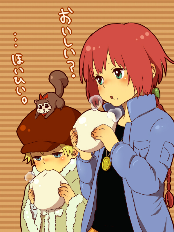 blonde_hair, blush, braid, coat, darker_than_black, eating, food, food_on_face