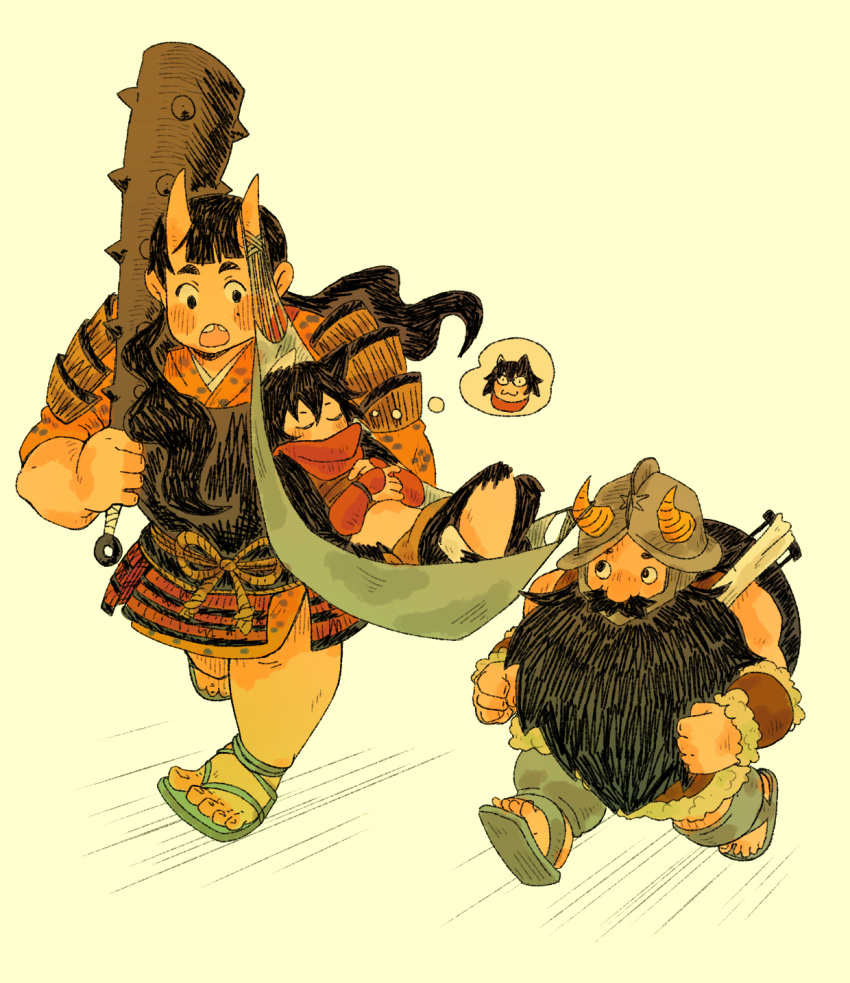 1boy, 2girls, beard, black_hair, blush, brown_hair, carrying, carrying_person