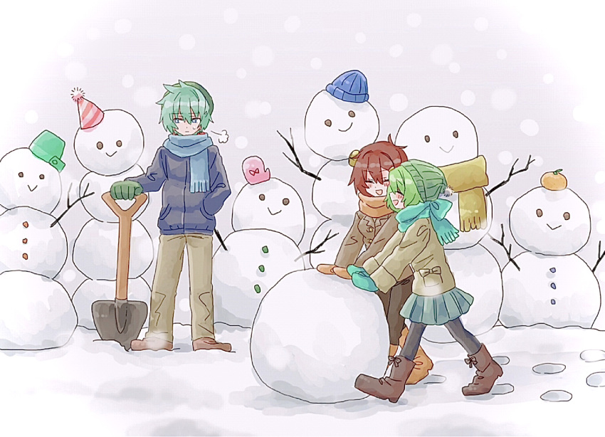 1boy, 2girls, blush, boots, brown_hair, closed_eyes, coat, food