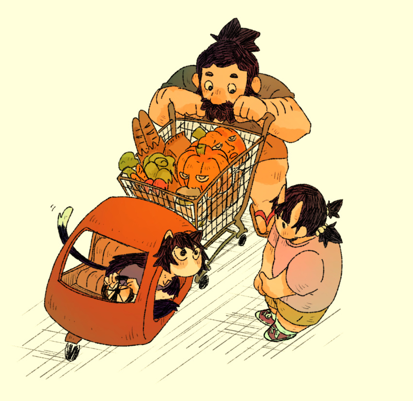 1boy, 2girls, beard, black_hair, blush, brown_hair, cat_girl, curious