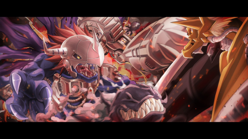 arm_blade, armor, battle, blue_sky, chest_cannon, claws, colored_skin, digimon