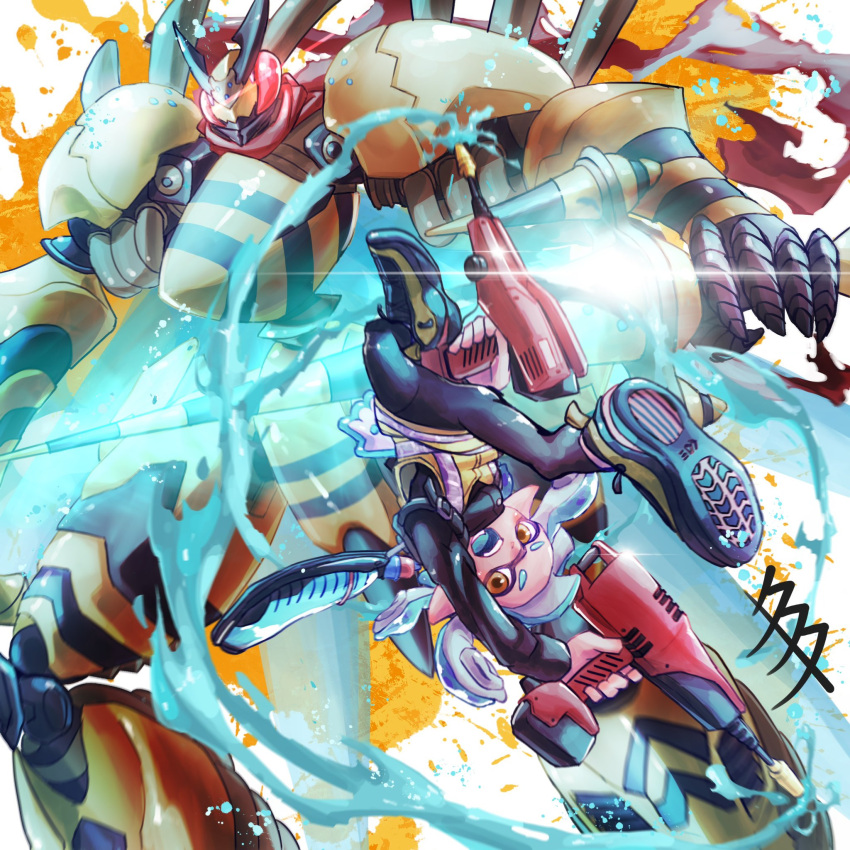 armor, black_pantyhose, blue_hair, brown_eyes, bug, compound_eyes, crossover, digimon