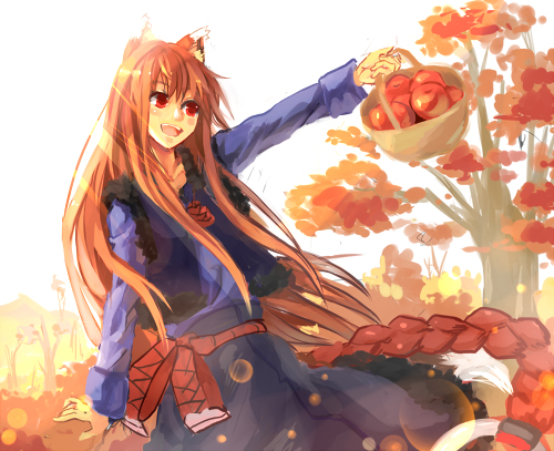 apple, basket, brown_hair, food, fruit, holo, lens_flare, light_kiseki