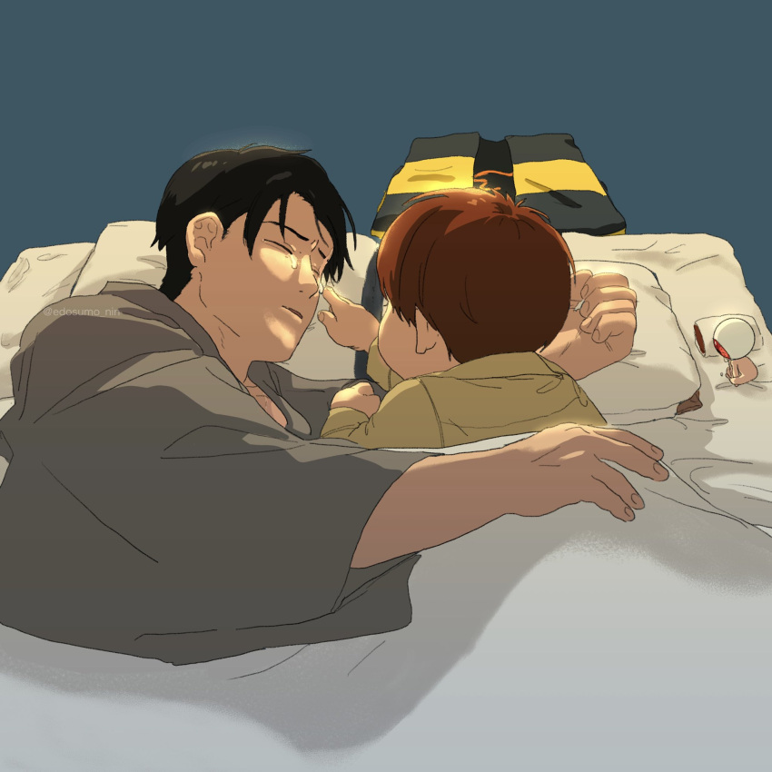 back_hair, black_hair, blanket, brown_hair, chanchanko_(clothes), cheek_poking, child, close-up