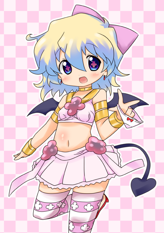 armlet, bad_id, bow, bracelet, chibi, choker, cosplay, earrings, jewelry, midriff, multicolored_hair, nia_teppelin, panties, panty_&amp;_stocking_with_garterbelt, panty_(psg), panty_(psg)_(cosplay), parody, short_hair, skirt, smile, solo, symbol-shaped_pupils, tail, tengen_toppa_gurren_lagann, thigh-highs, thighhighs, two-tone_hair, underwear, wings, youri19